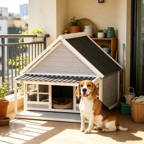 Outdoor Wooden Dog House with Porch Tilt Roof Front Door And Windows for Medium to Large Dogs Durable Shelter with Comfort Features