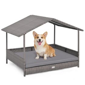 Wicker Dog House Elevated PE Rattan Dog Bed with Canopy