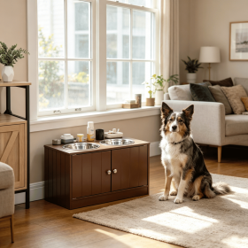 Brown Elevated Dog Bowls with Storage Cabinet Raised Dog Bowl Stand Pet Food Feeding Station for Dogs